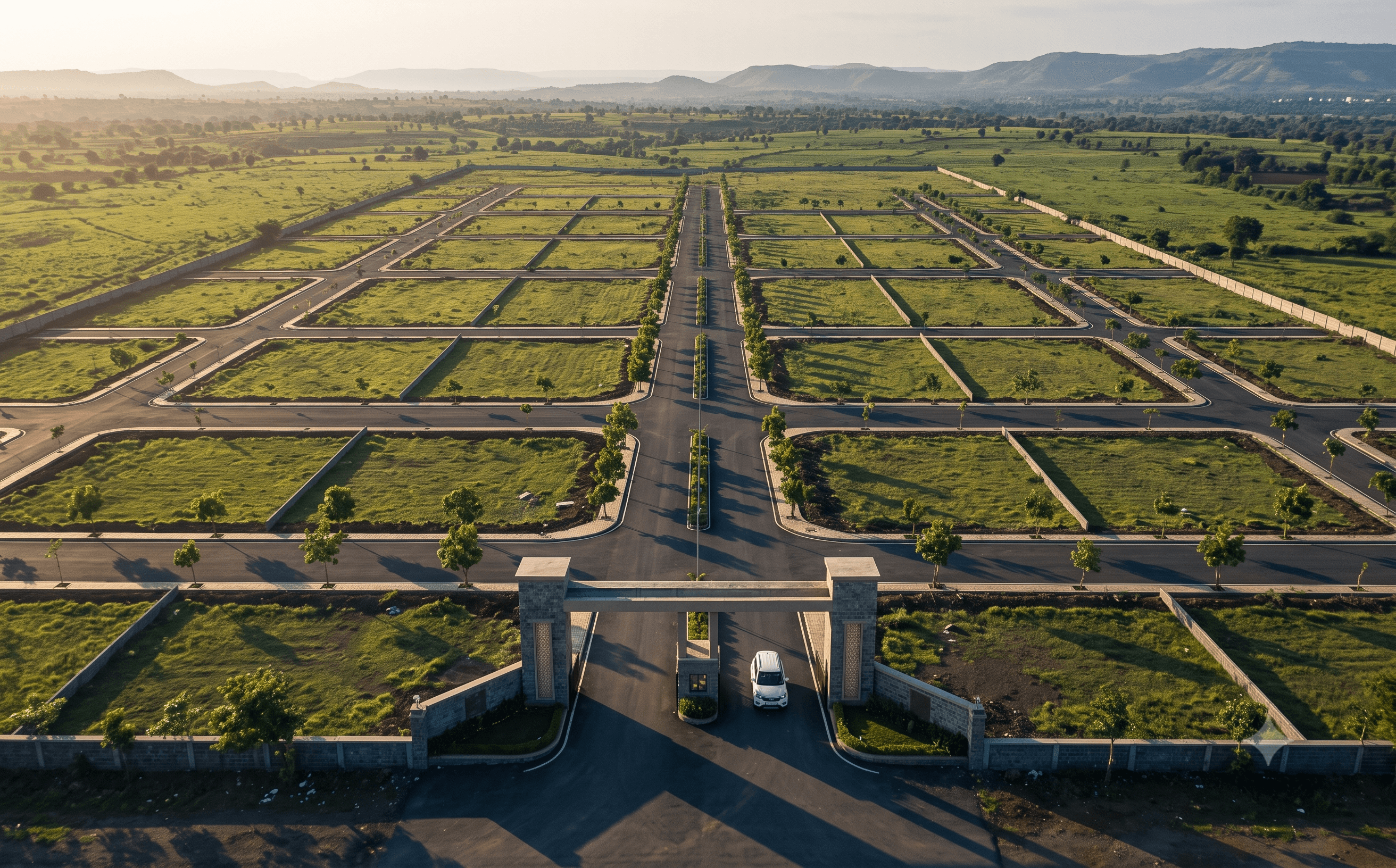 Aerial view of a plotted NA layout in Maharashtra with entrance gate and internal roads